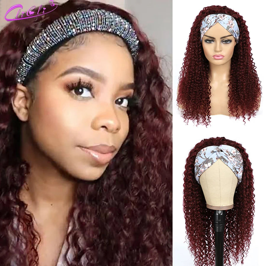 Ombre Blonde Curly Headband Wig Human Hair 1B/Burgundy 99J Brown Highlight Headbands Wig Brazilian Deep Curly Ponytail Scarf Wig
