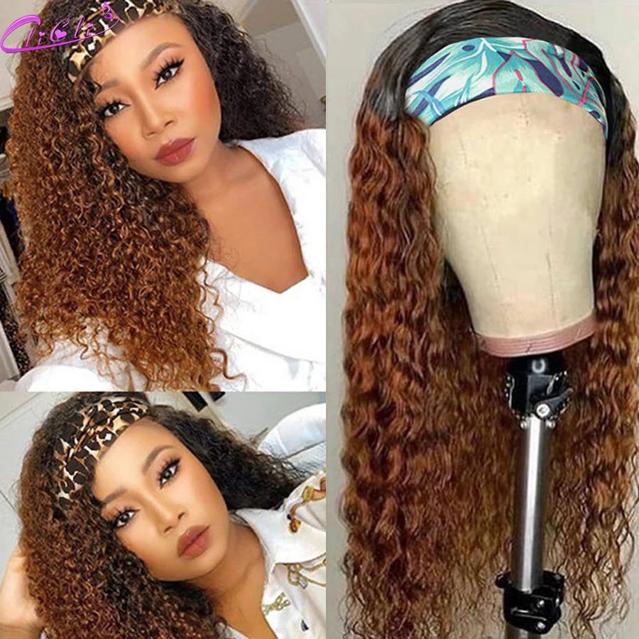 Ombre Blonde Curly Headband Wig Human Hair 1B/Burgundy 99J Brown Highlight Headbands Wig Brazilian Deep Curly Ponytail Scarf Wig