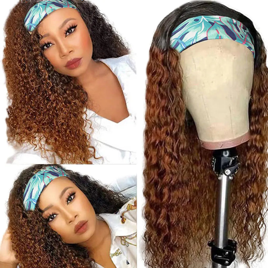Ombre Blonde Curly Headband Wig Human Hair 1B/Burgundy 99J Brown Highlight Headbands Wig Brazilian Deep Curly Ponytail Scarf Wig