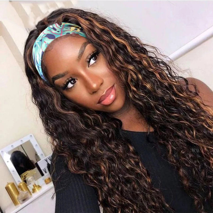 Ombre Blonde Curly Headband Wig Human Hair 1B/Burgundy 99J Brown Highlight Headbands Wig Brazilian Deep Curly Ponytail Scarf Wig