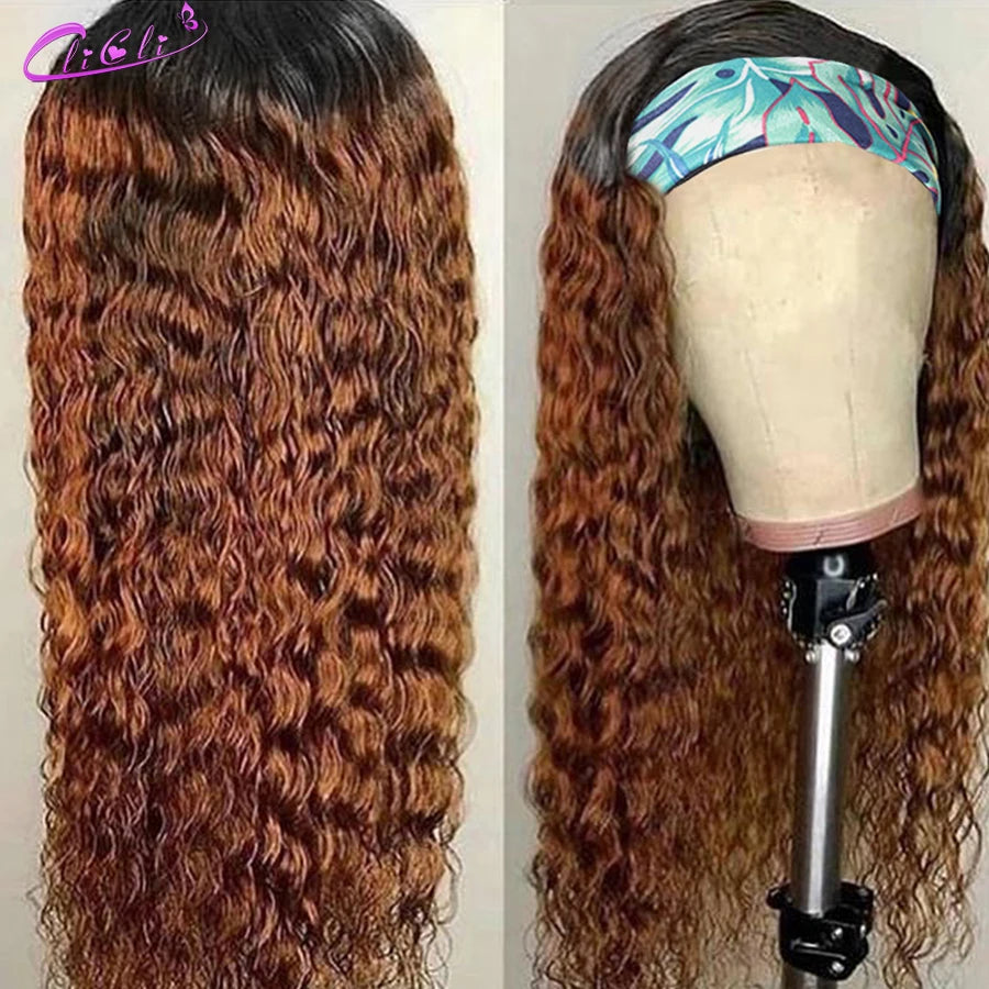 Ombre Blonde Curly Headband Wig Human Hair 1B/Burgundy 99J Brown Highlight Headbands Wig Brazilian Deep Curly Ponytail Scarf Wig