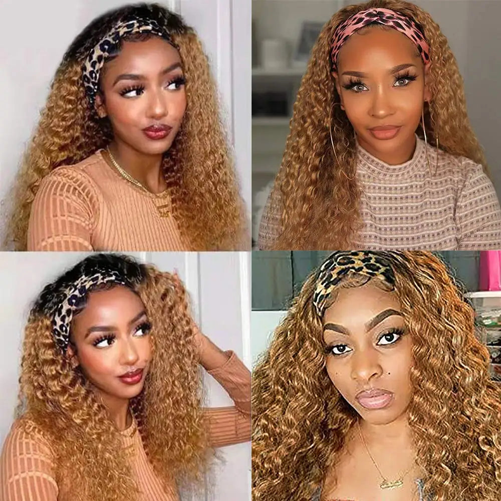 Ombre Blonde Curly Headband Wig Human Hair 1B/Burgundy 99J Brown Highlight Headbands Wig Brazilian Deep Curly Ponytail Scarf Wig