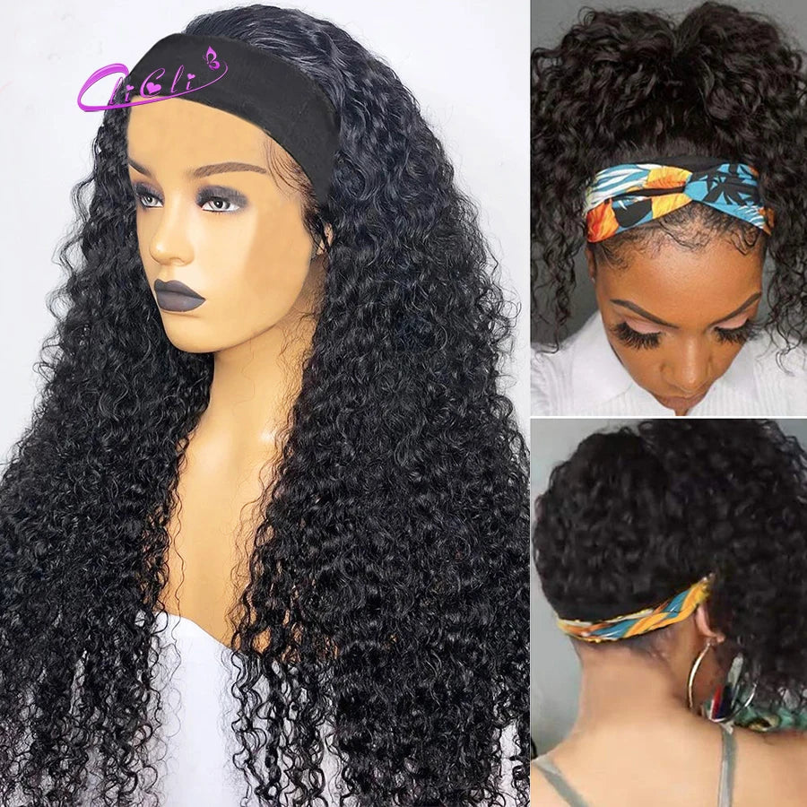 Ombre Blonde Curly Headband Wig Human Hair 1B/Burgundy 99J Brown Highlight Headbands Wig Brazilian Deep Curly Ponytail Scarf Wig