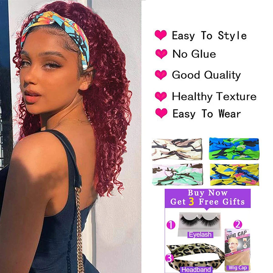 Ombre Blonde Curly Headband Wig Human Hair 1B/Burgundy 99J Brown Highlight Headbands Wig Brazilian Deep Curly Ponytail Scarf Wig