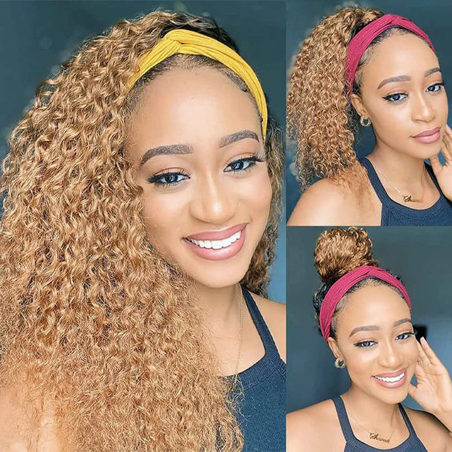 Ombre Blonde Curly Headband Wig Human Hair 1B/Burgundy 99J Brown Highlight Headbands Wig Brazilian Deep Curly Ponytail Scarf Wig