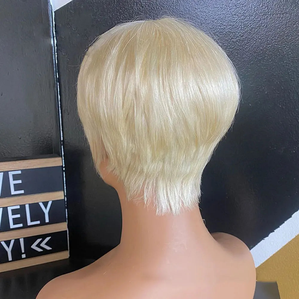 613 Blonde Wig Human Hair Short Pixie Wig Human Hair for Women 6 inch Chic Duby Wigs with Bangs Cheap Full Machine Cosplay Wig