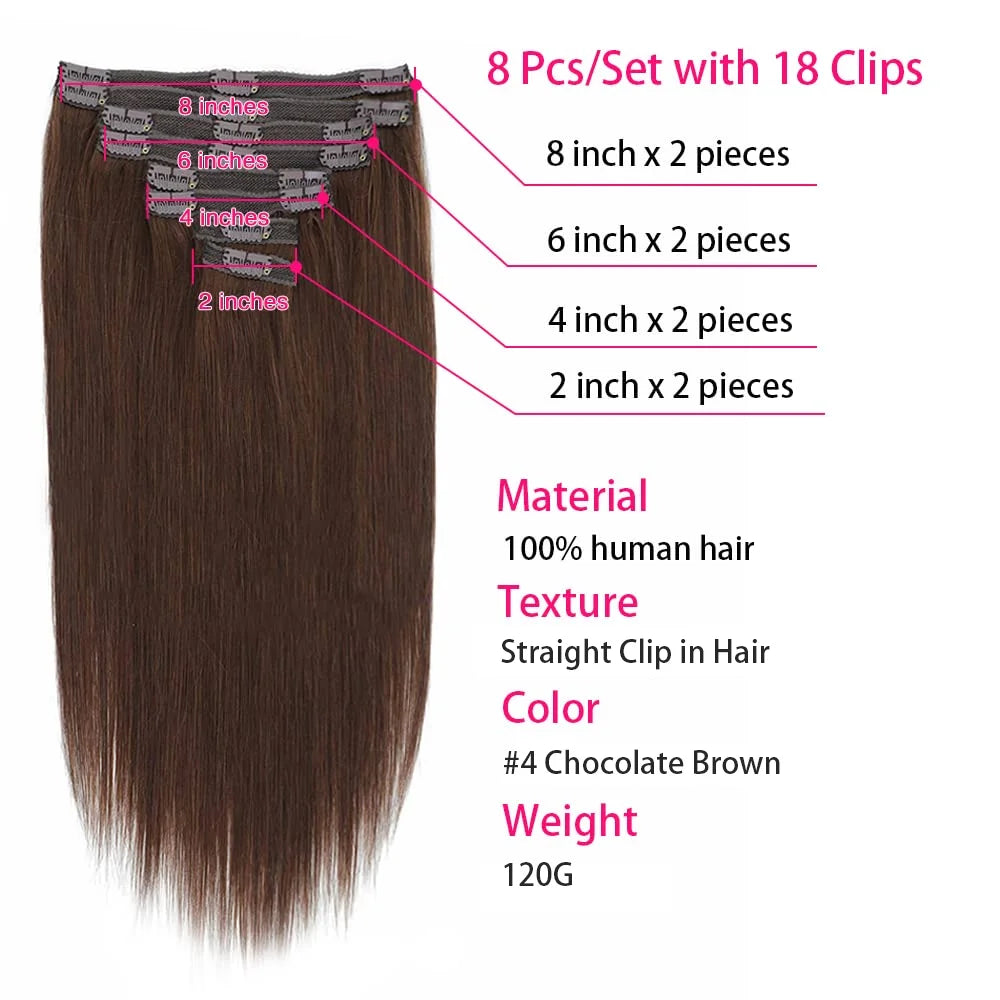 Clip in Hair Extensions Real Human Hair Straight 100% Brazilian Remy Human Hair Clip on Chocolate Brown 10-26 inch For Women