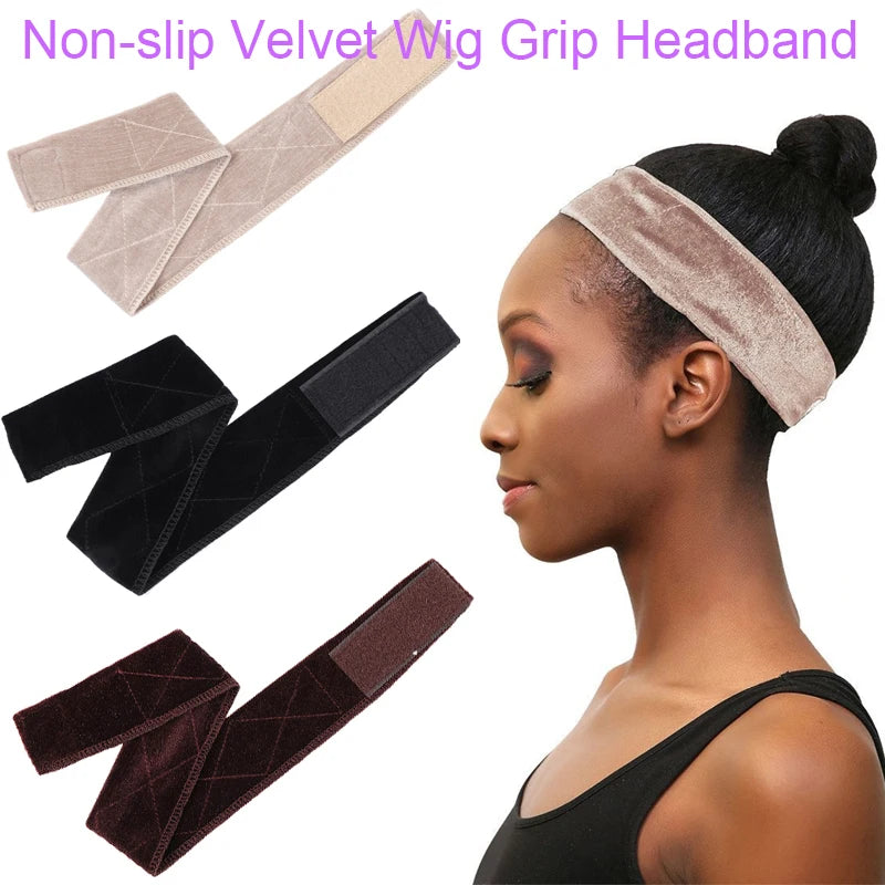 Wig Grip Band 1Pcs Brown Velvet Headband Scarf Head Hair Band Extra Hold Wig Adjustable Fastern Stretch Cotton Wig Band Beige