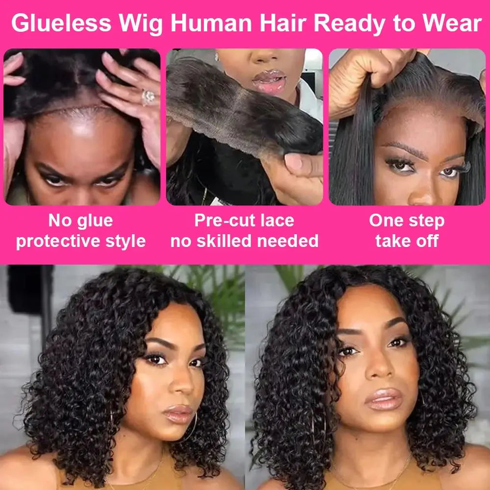 Glueless Wigs Human Hair Glueless Wigs Ready To Wear Deep Wave Glueless Pre plucked Human Wigs Ready To Go 6X4 HD Lace Bob Wig