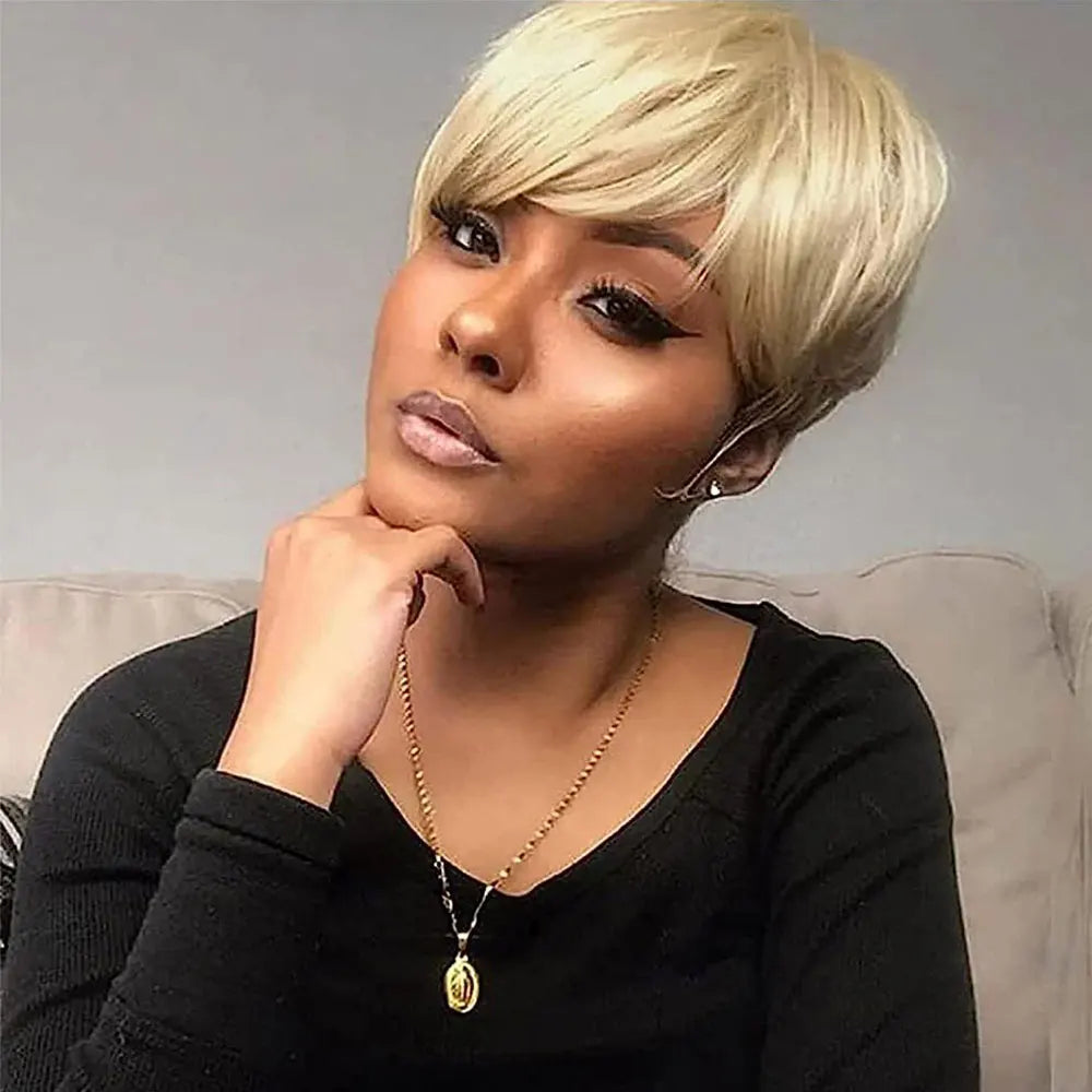 613 Blonde Wig Human Hair Short Pixie Wig Human Hair for Women 6 inch Chic Duby Wigs with Bangs Cheap Full Machine Cosplay Wig