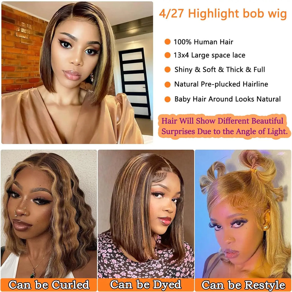 Highlight Color Short Bob Wigs 13x4 Lace Frontal Wigs Brazilian Human Hair for Women Gluless Wigs Frontal Bob Wig Ombre Color