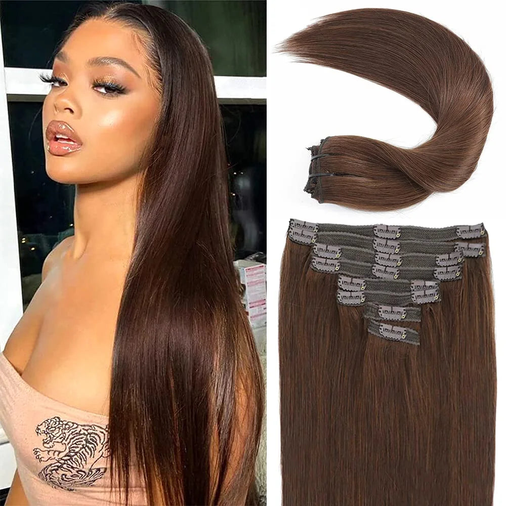 Clip in Hair Extensions Real Human Hair Straight 100% Brazilian Remy Human Hair Clip on Chocolate Brown 10-26 inch For Women