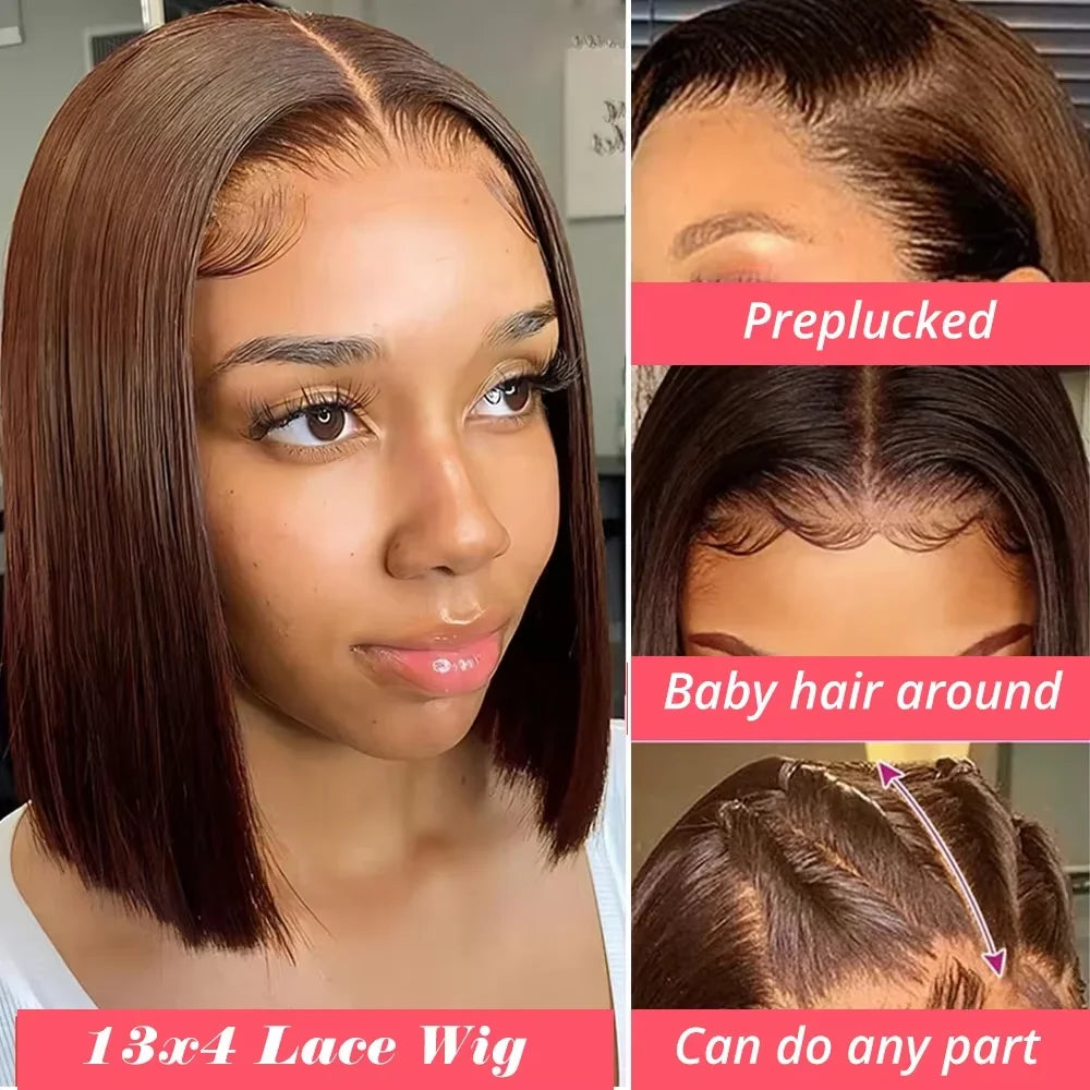220 Density Full Frontal 13x4 HD Transparent Lace #4 Chocolate Brown Straight Short Bob Wig Human Hair Wigs Pre Plucked Wig