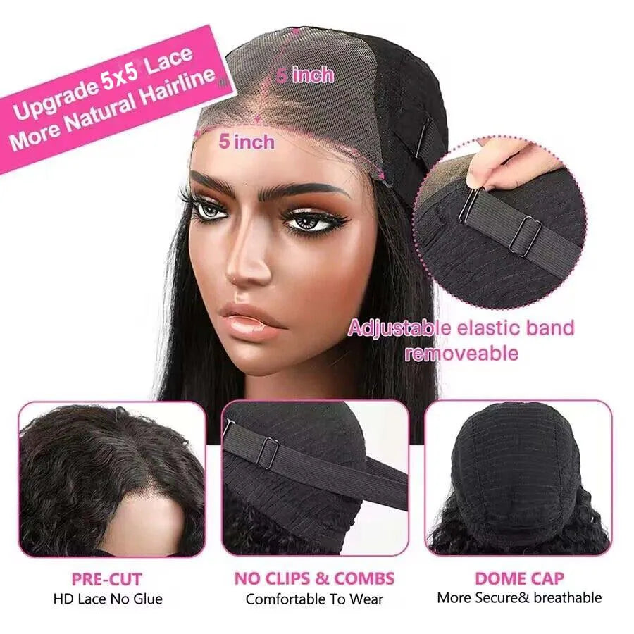 5x5 Glueless Wig Human Hair Ready To Wear Pre-Cut Lace Ready To Go Glueless Wigs Straight Lace Front Human Hair Wig For Women