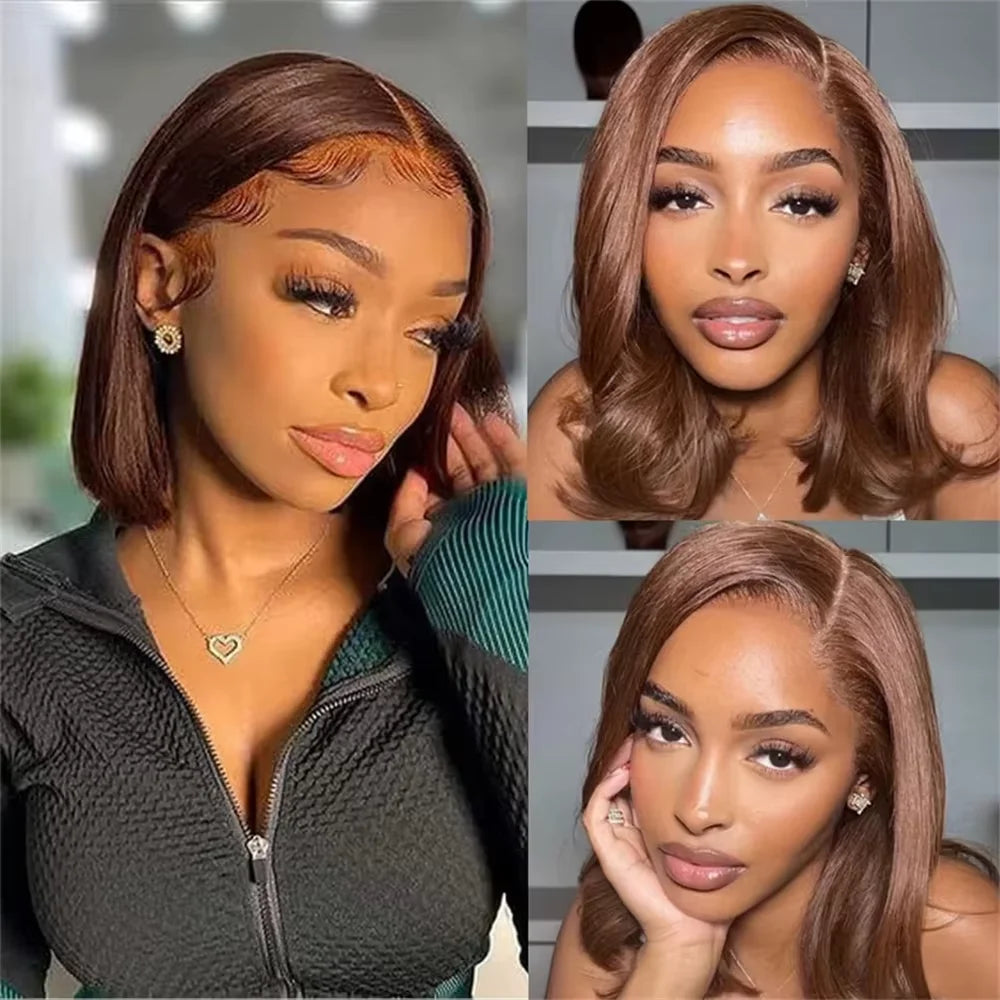 220 Density Full Frontal 13x4 HD Transparent Lace #4 Chocolate Brown Straight Short Bob Wig Human Hair Wigs Pre Plucked Wig