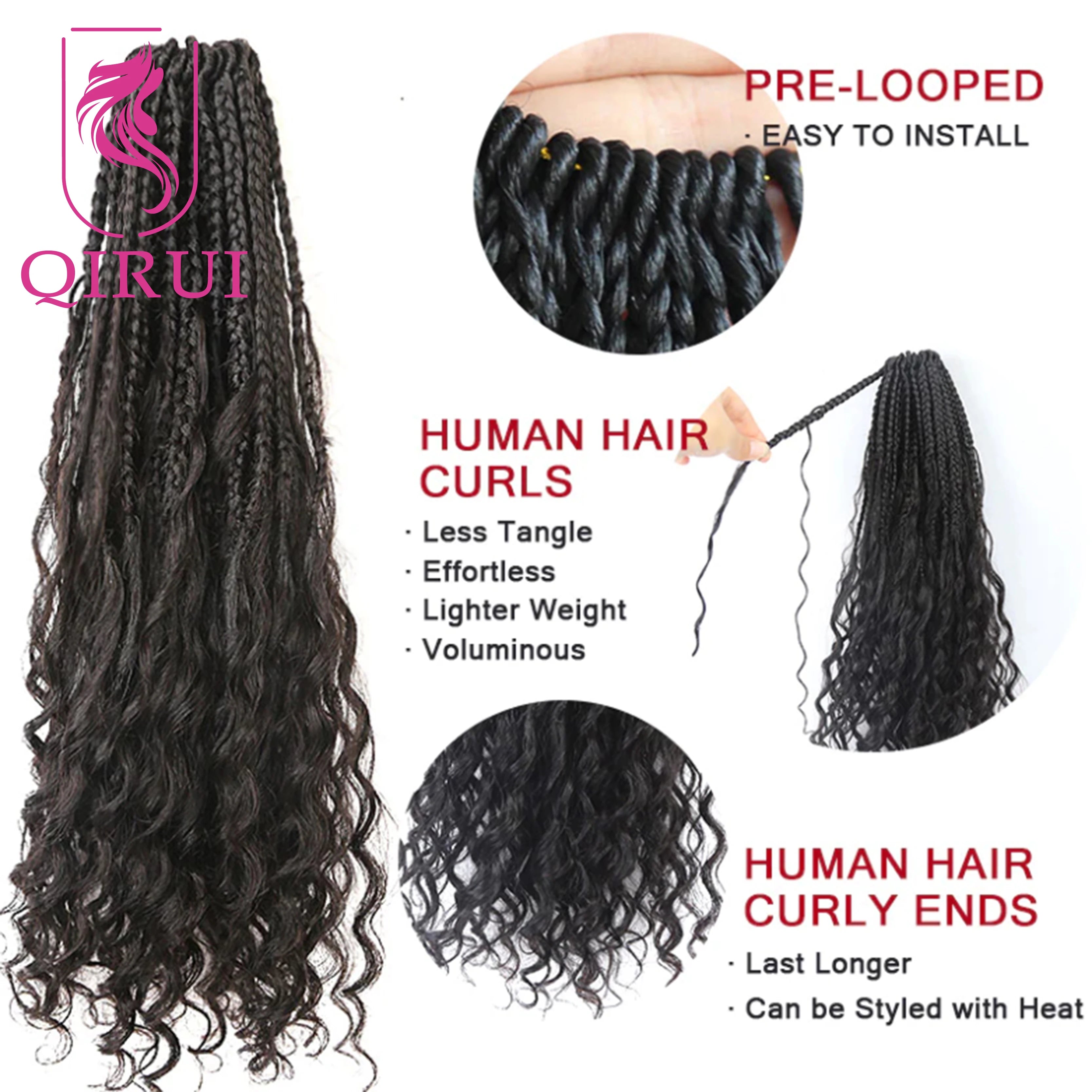 Crochet Boho Box Braids With Human Hair Curls Pre Looped Box Braids With Curly Human Hair Full Ends 30Inch Hair Extensions