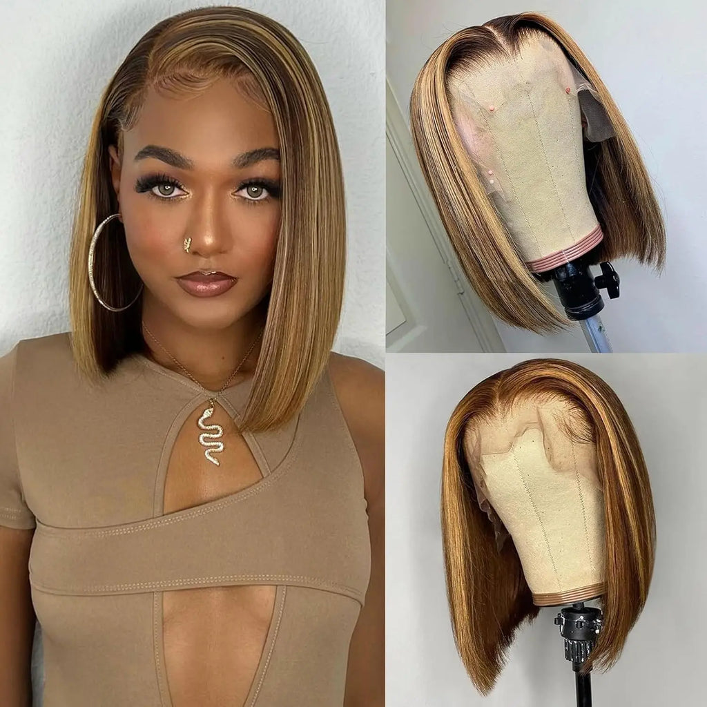 Highlight Color Short Bob Wigs 13x4 Lace Frontal Wigs Brazilian Human Hair for Women Gluless Wigs Frontal Bob Wig Ombre Color