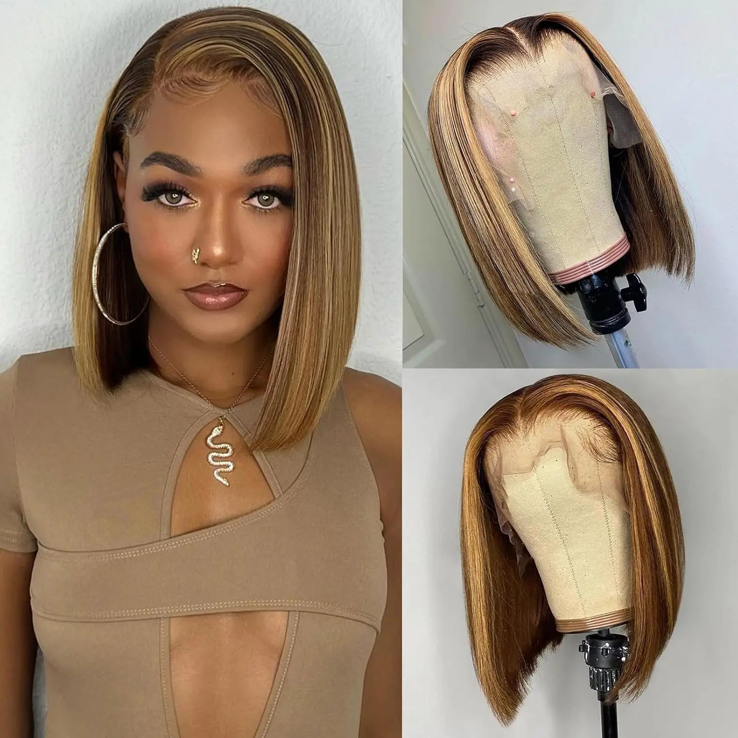 Highlight Color Short Bob Wigs 13x4 Lace Frontal Wigs Brazilian Human Hair for Women Gluless Wigs Frontal Bob Wig Ombre Color