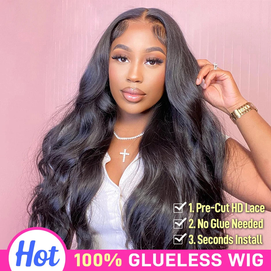 12A Glueless Wig Human Hair Ready To Wear And Go Preplucked Pre Cut No Glue 180% Brazilian Body Wave Human Hair Wigs For Women