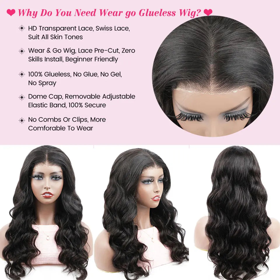 12A Glueless Wig Human Hair Ready To Wear And Go Preplucked Pre Cut No Glue 180% Brazilian Body Wave Human Hair Wigs For Women