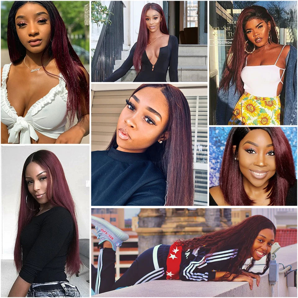 1B 99J Straight Bundles With 4x4 Lace Closure 100% Human Hair Ombre Burgundy Colored Hair Bundles With Transparent Lace Closures