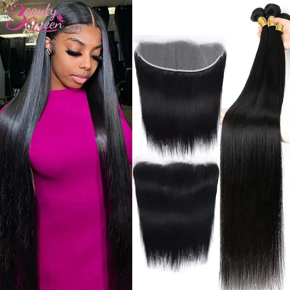 Burmese Straight Bundles With Frontal Brazilian Hair Weave 3 Bundles With Closure 13x4 Lace Frontal 100% Human Hair Tissage