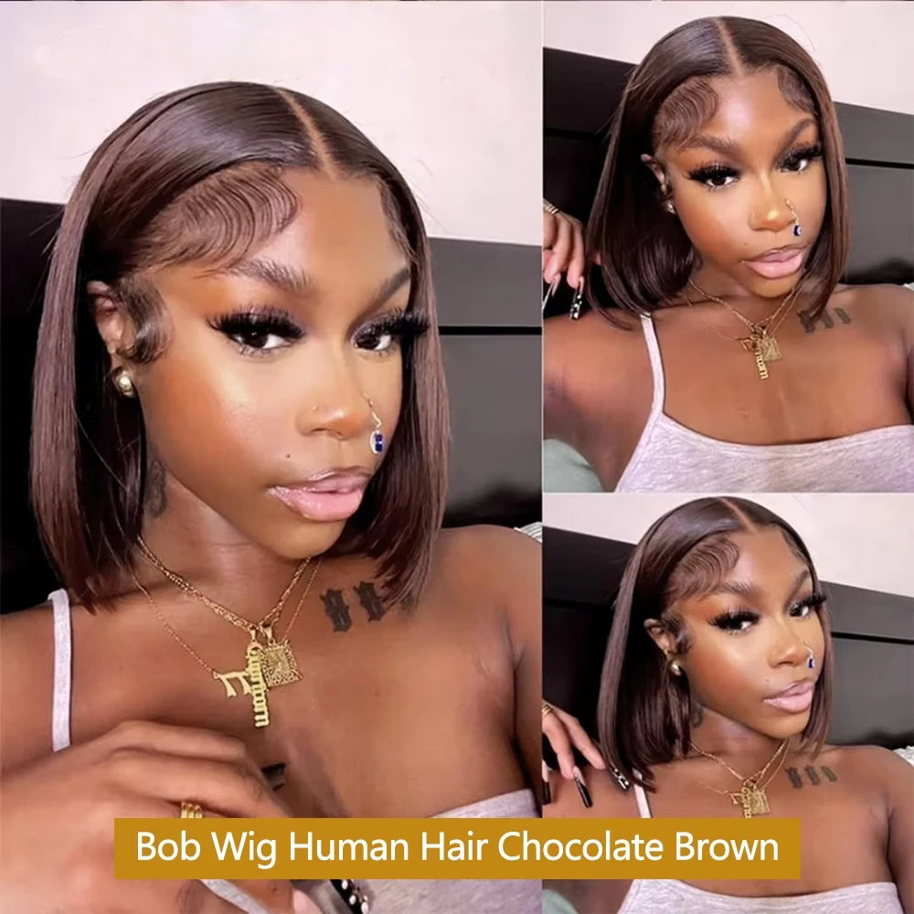 220 Density Full Frontal 13x4 HD Transparent Lace #4 Chocolate Brown Straight Short Bob Wig Human Hair Wigs Pre Plucked Wig