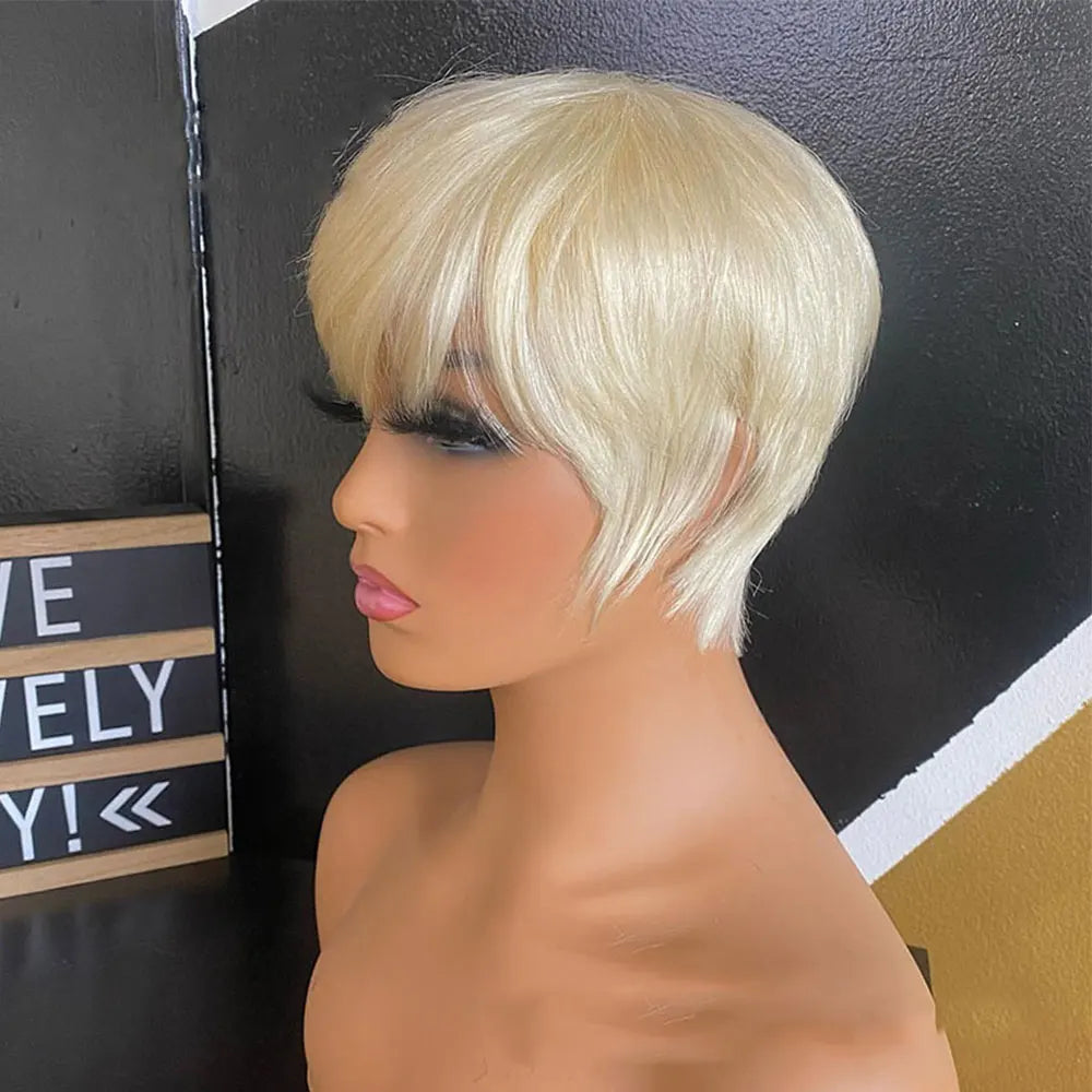 613 Blonde Wig Human Hair Short Pixie Wig Human Hair for Women 6 inch Chic Duby Wigs with Bangs Cheap Full Machine Cosplay Wig