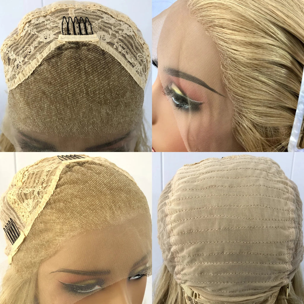 Honey Blonde Highlight Wig Deep Wave Synthetic Lace Front Wig Short Curly Wavy Mixed Colored Hair 13X4 Frontal Wigs for Women